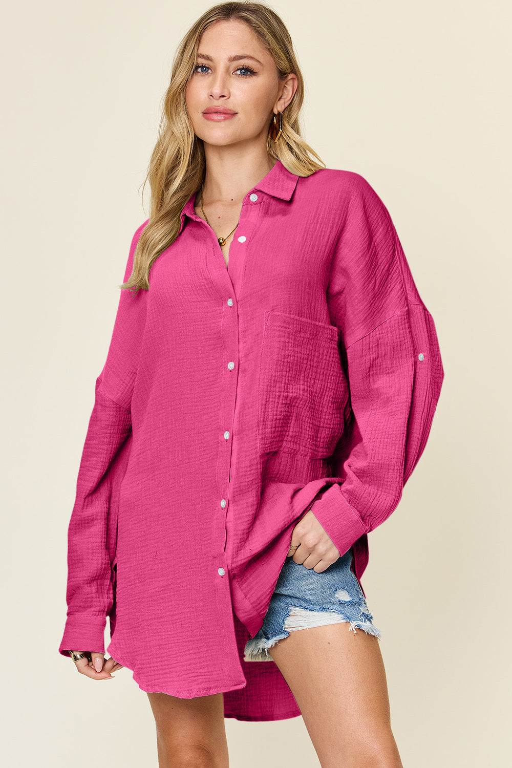 Simone Size Inclusive Pocketed Texture Button Up Shirt - ThingsWeUseAndLove Hot-Pink-3XL