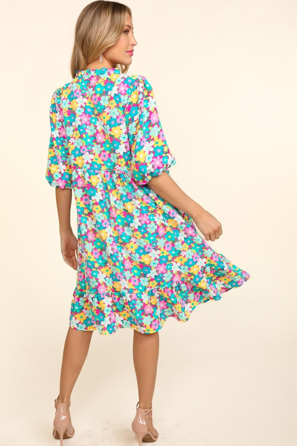 Haptics Bubble Sleeve Floral Ruffled Dress - ThingsWeUseAndLove 