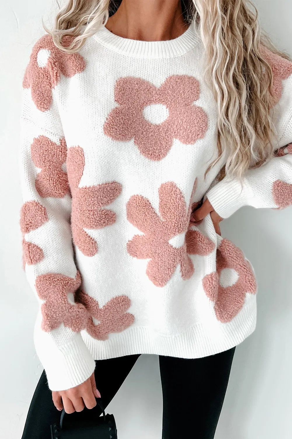 Ava Round Neck Long Sleeve Flower Knit Top - ThingsWeUseAndLove White-XL