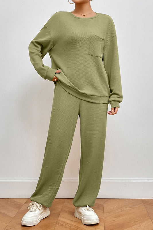 Aubrielle Pocketed Round Neck Top and Pants Lounge Set - ThingsWeUseAndLove Matcha-Green-XL