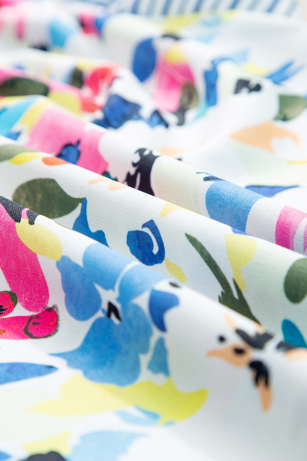 Light Blue Floral Print Striped Ruffled Sleeve Blouse - ThingsWeUseAndLove 