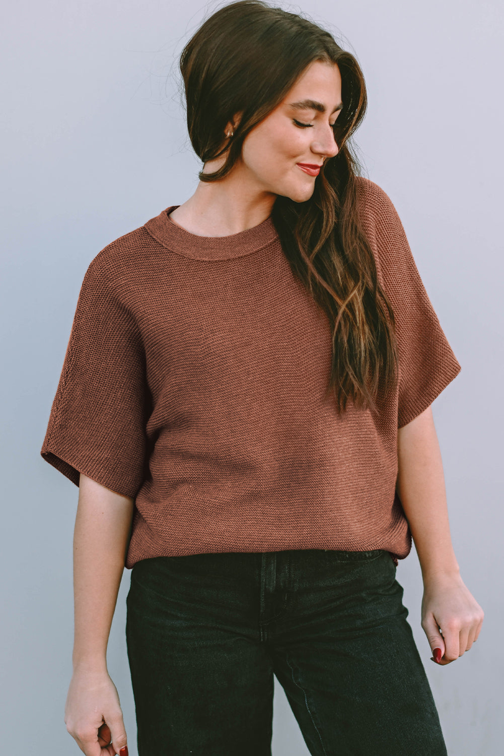 Mock Neck Short Batwing Sleeve Sweater - ThingsWeUseAndLove 