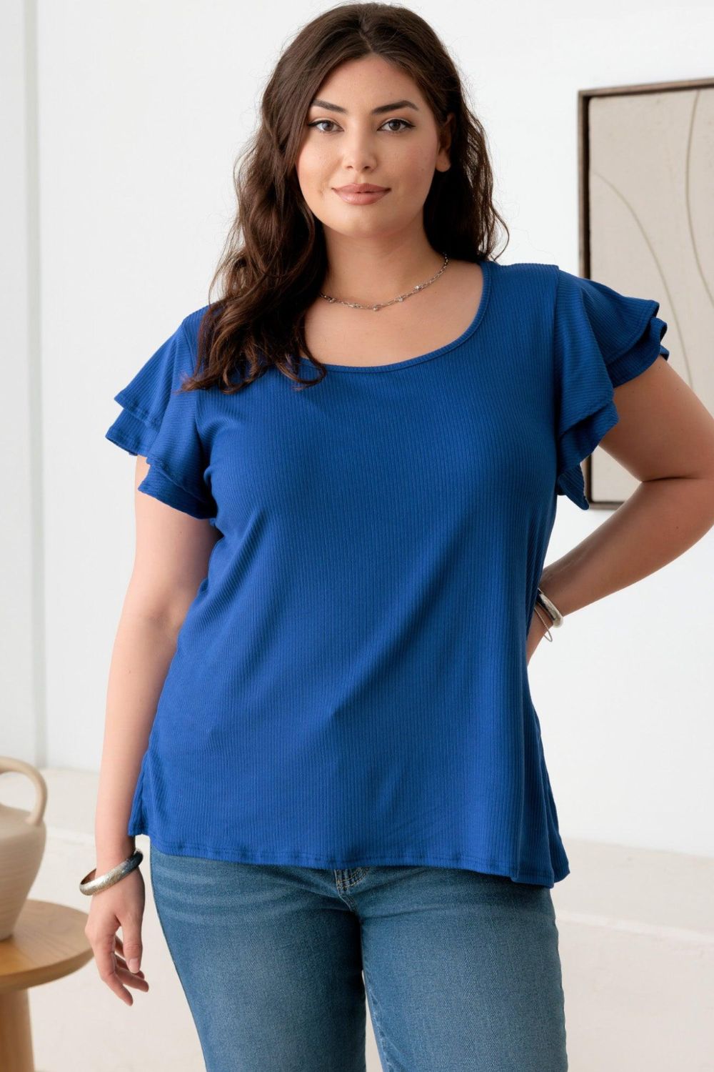 Plus Size Short Fluttery Sleeve Round Neck Top - ThingsWeUseAndLove Royal-Blue-3XL