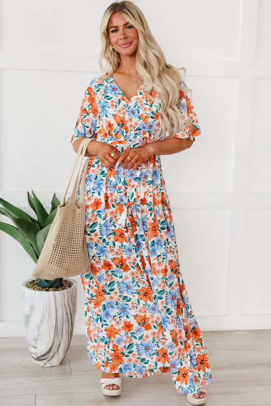 Summer Weekend Tied Slit Floral Half Sleeve Maxi Dress - ThingsWeUseAndLove 