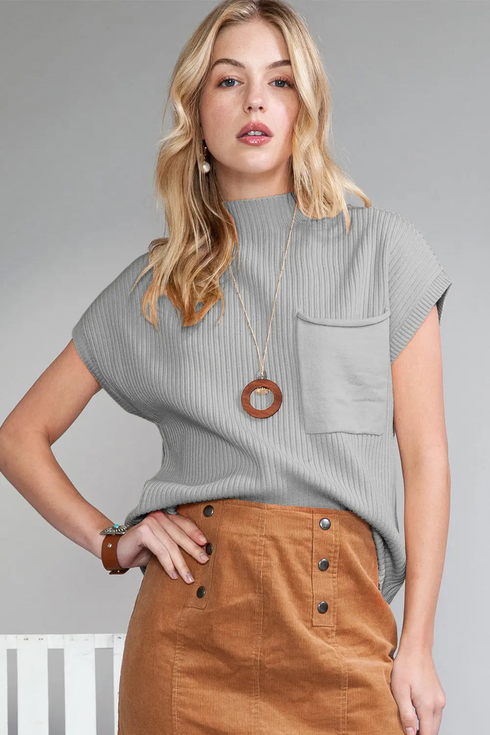 Gold Flame Patch Pocket Ribbed Knit Short Sleeve Sweater - ThingsWeUseAndLove Gray-3XL