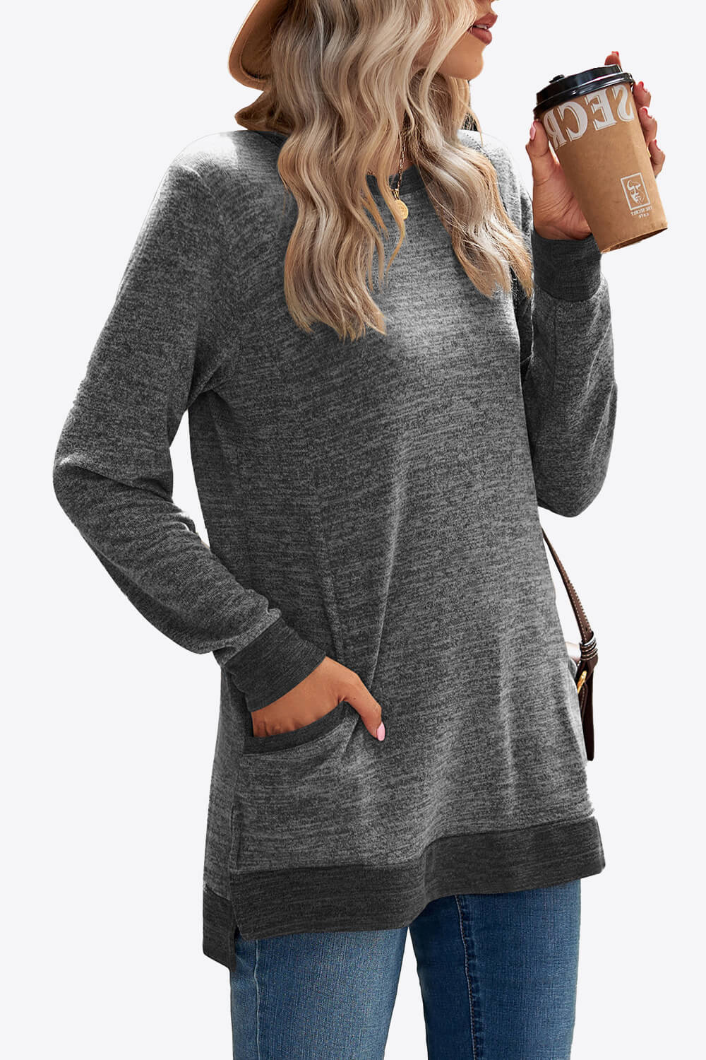 Heathered Slit Top with Pockets - ThingsWeUseAndLove 