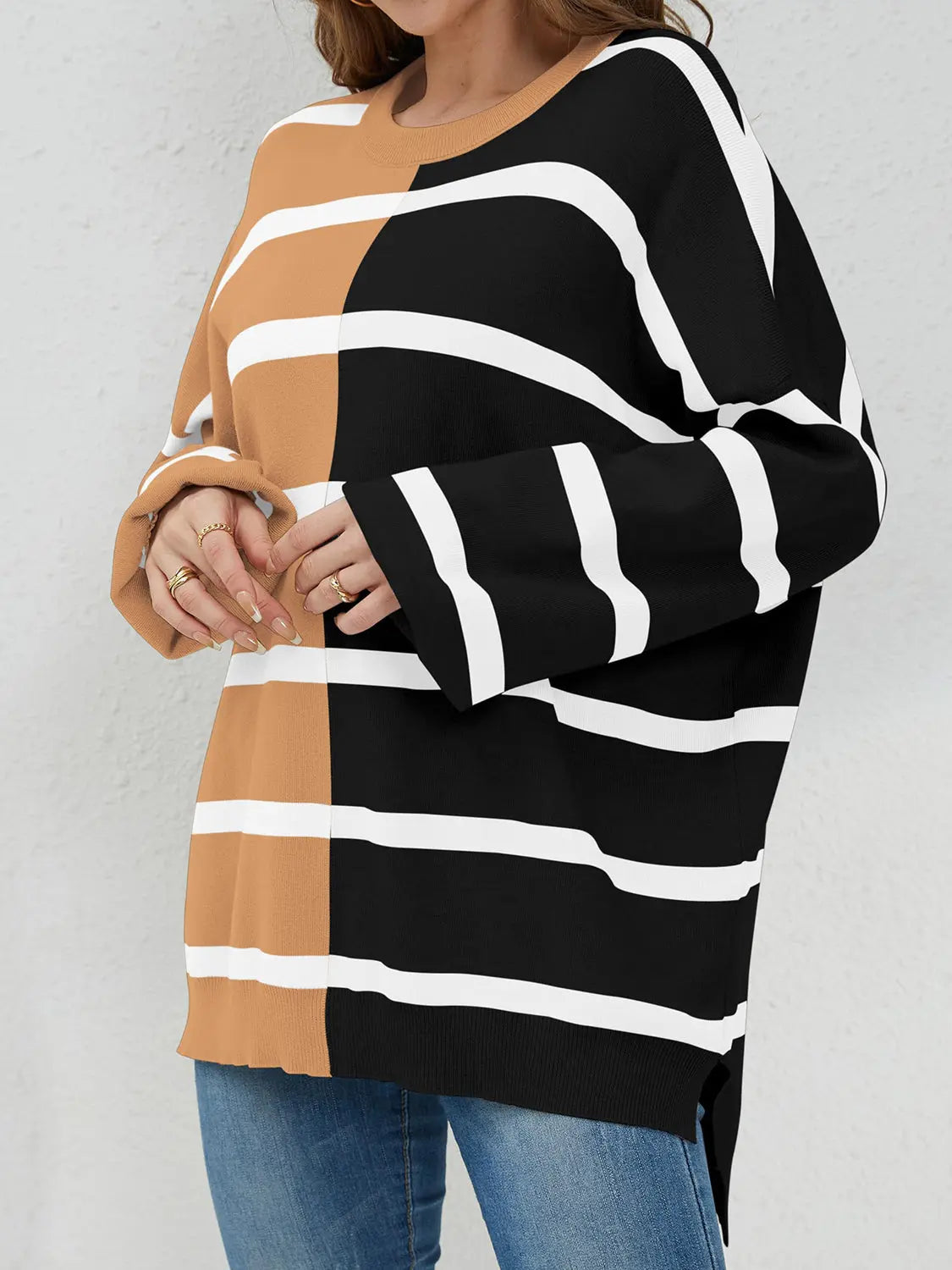 Long Sleeve Striped Round Neck Sweater - ThingsWeUseAndLove 