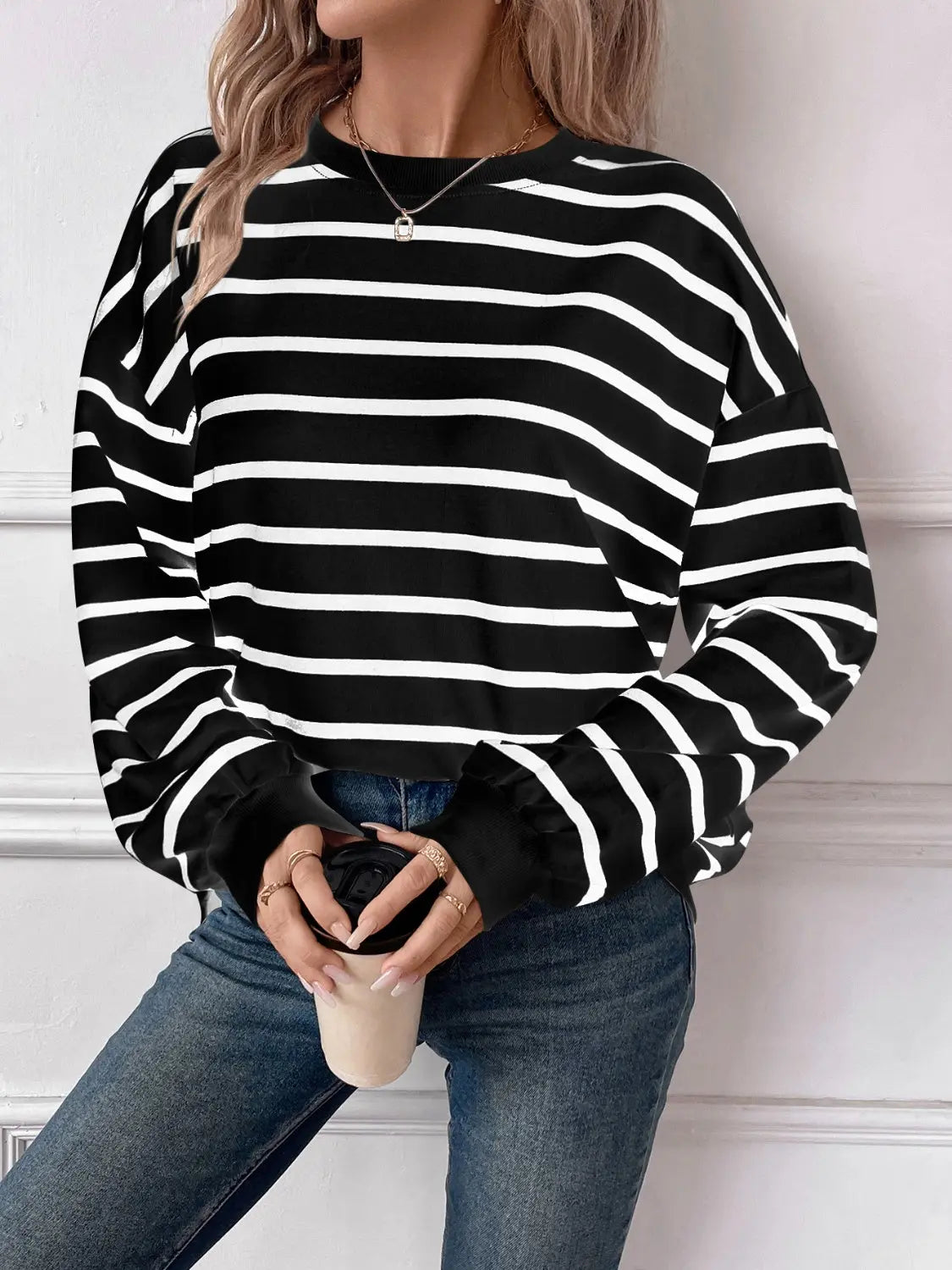 Leslie Striped Round Neck Long Sleeve Sweatshirt - ThingsWeUseAndLove 