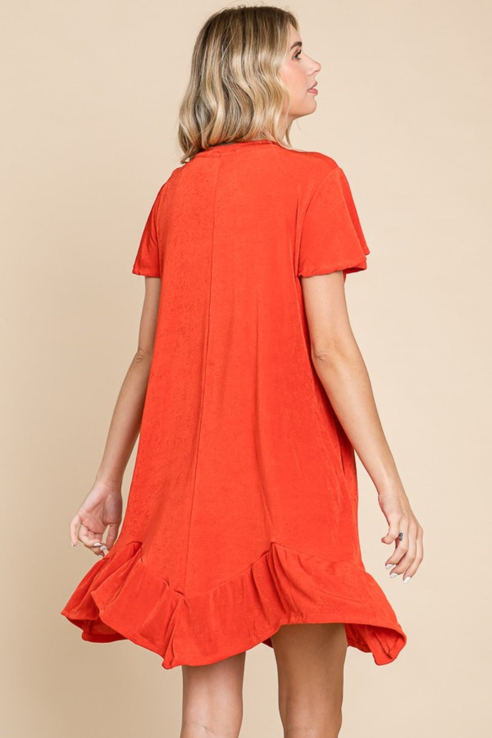 Simple Elegant Scarlet Short Sleeve Ruffled Asymmetric Hem Dress - ThingsWeUseAndLove 