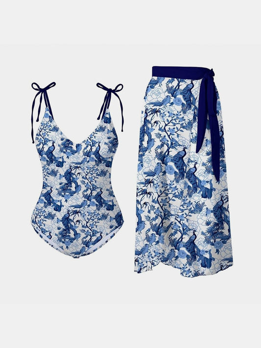 Printed Tie Shoulder Swimwear and Skirt Swim Set - ThingsWeUseAndLove Dusty-Blue-2XL