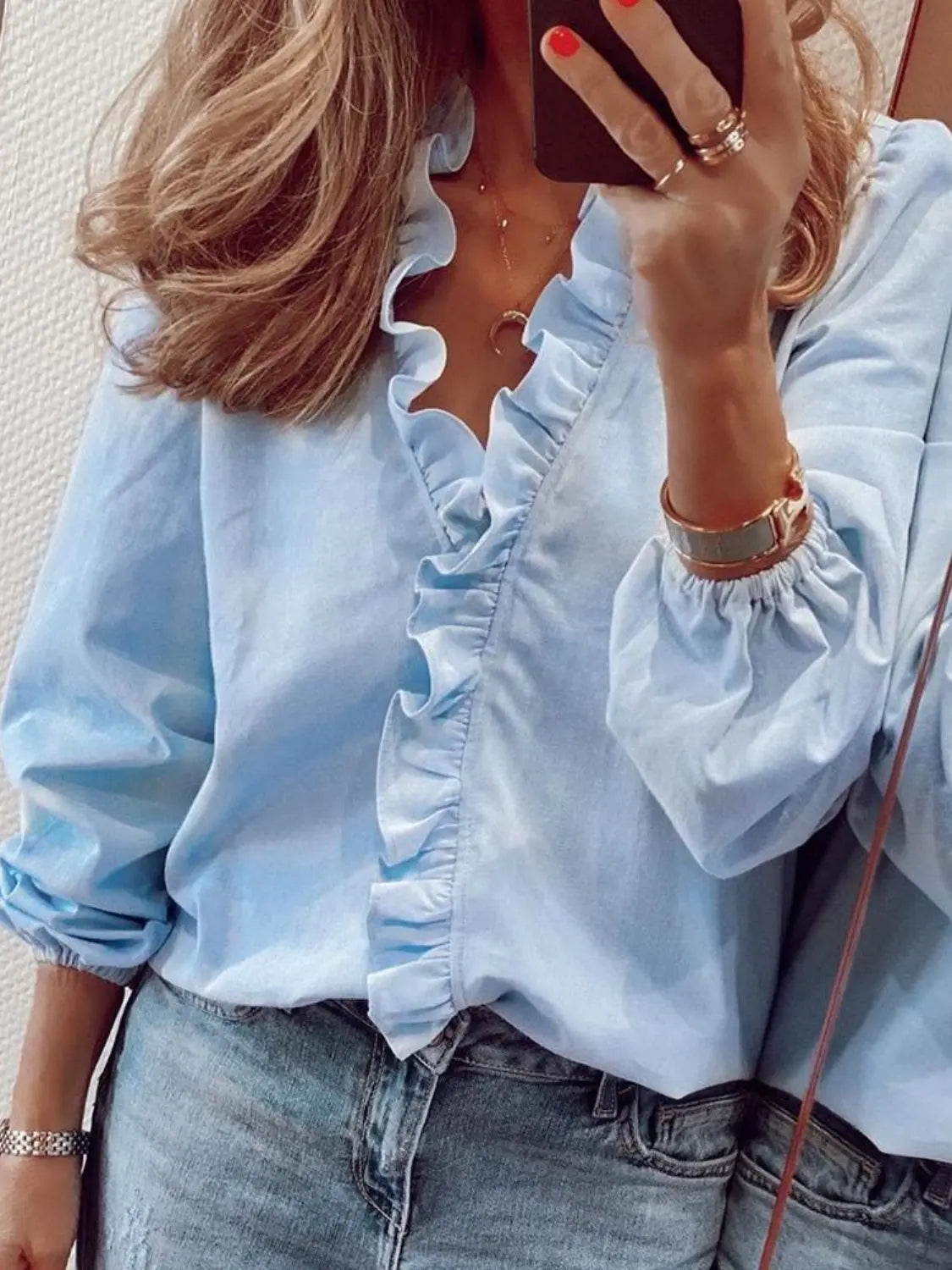 Full Size Ruffled V-Neck Long Sleeve Blouse - ThingsWeUseAndLove 