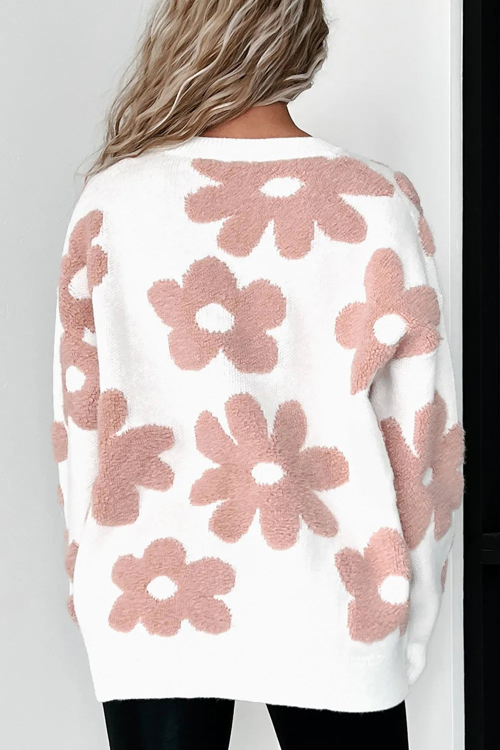 Ava Round Neck Long Sleeve Flower Knit Top - ThingsWeUseAndLove 