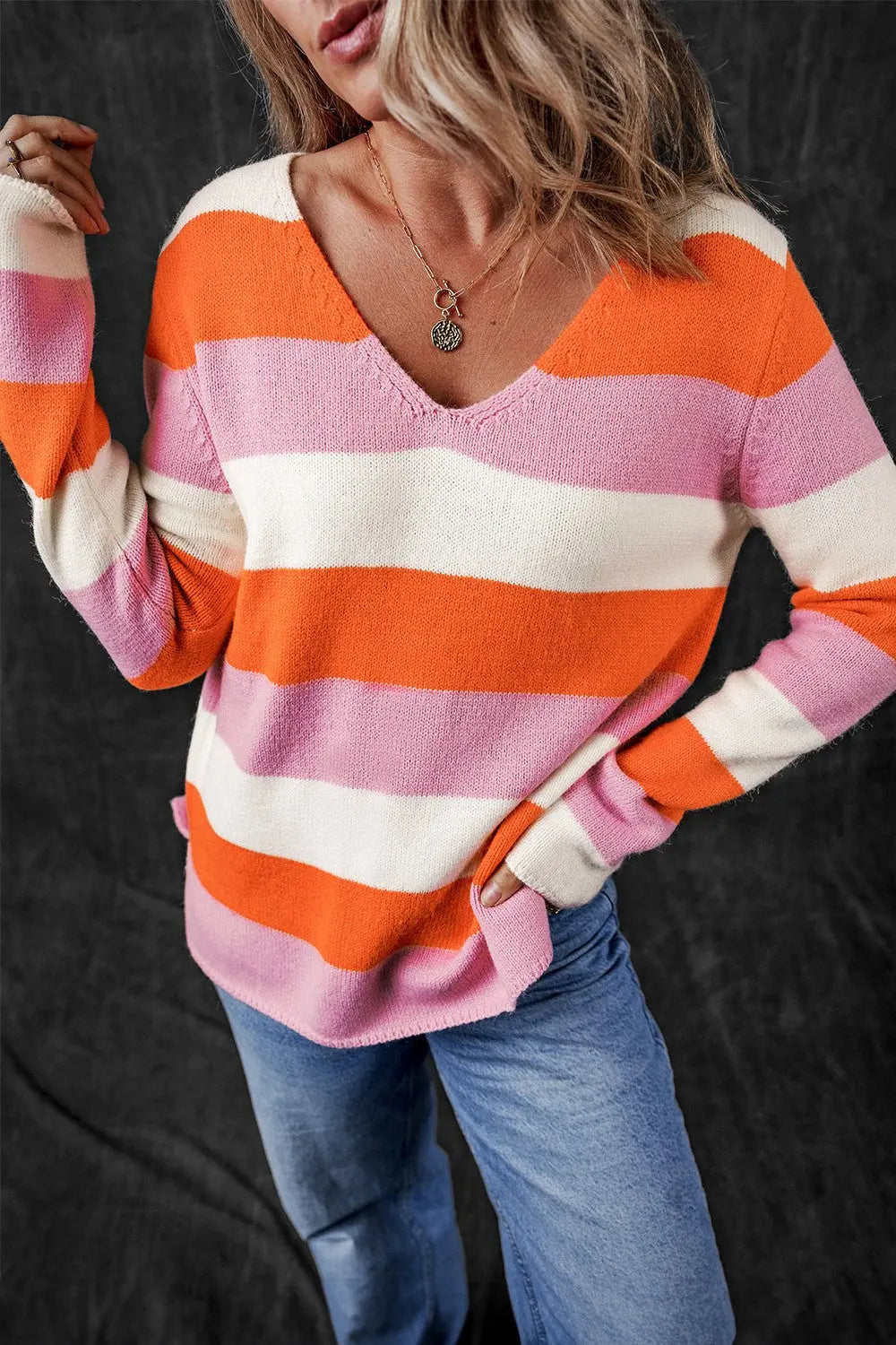 Tamara Color Block V-Neck Long Sleeve Sweater - ThingsWeUseAndLove Blush-Pink-XL