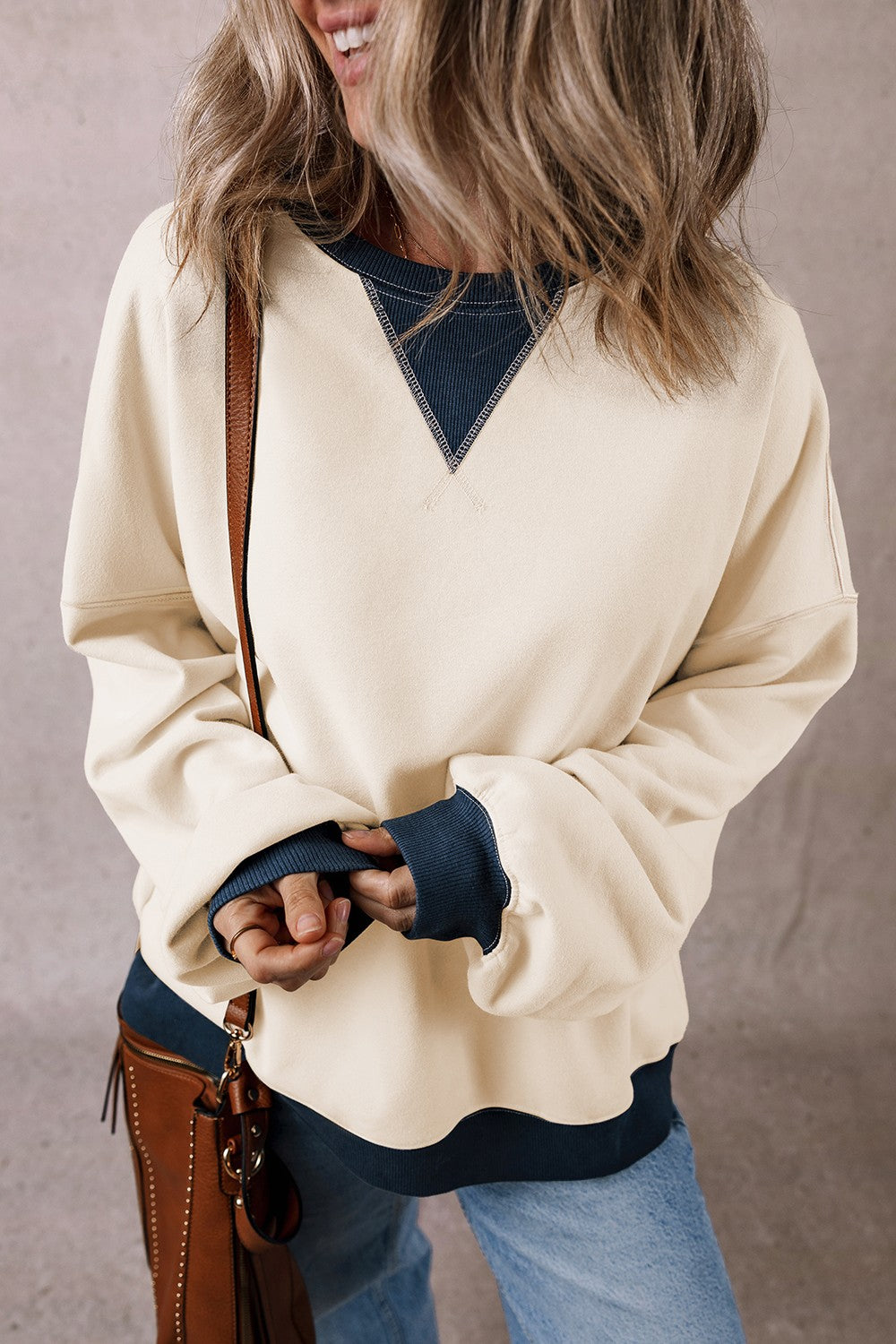 Alena Contrast Round Neck Long Sleeve Sweatshirt - ThingsWeUseAndLove 