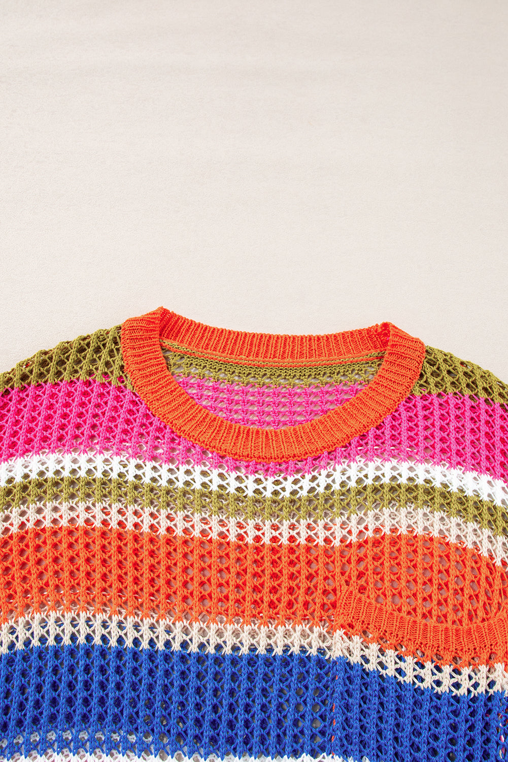 Striped Color Block Hollow Crochet 3/4 Sleeve T Shirt - ThingsWeUseAndLove 