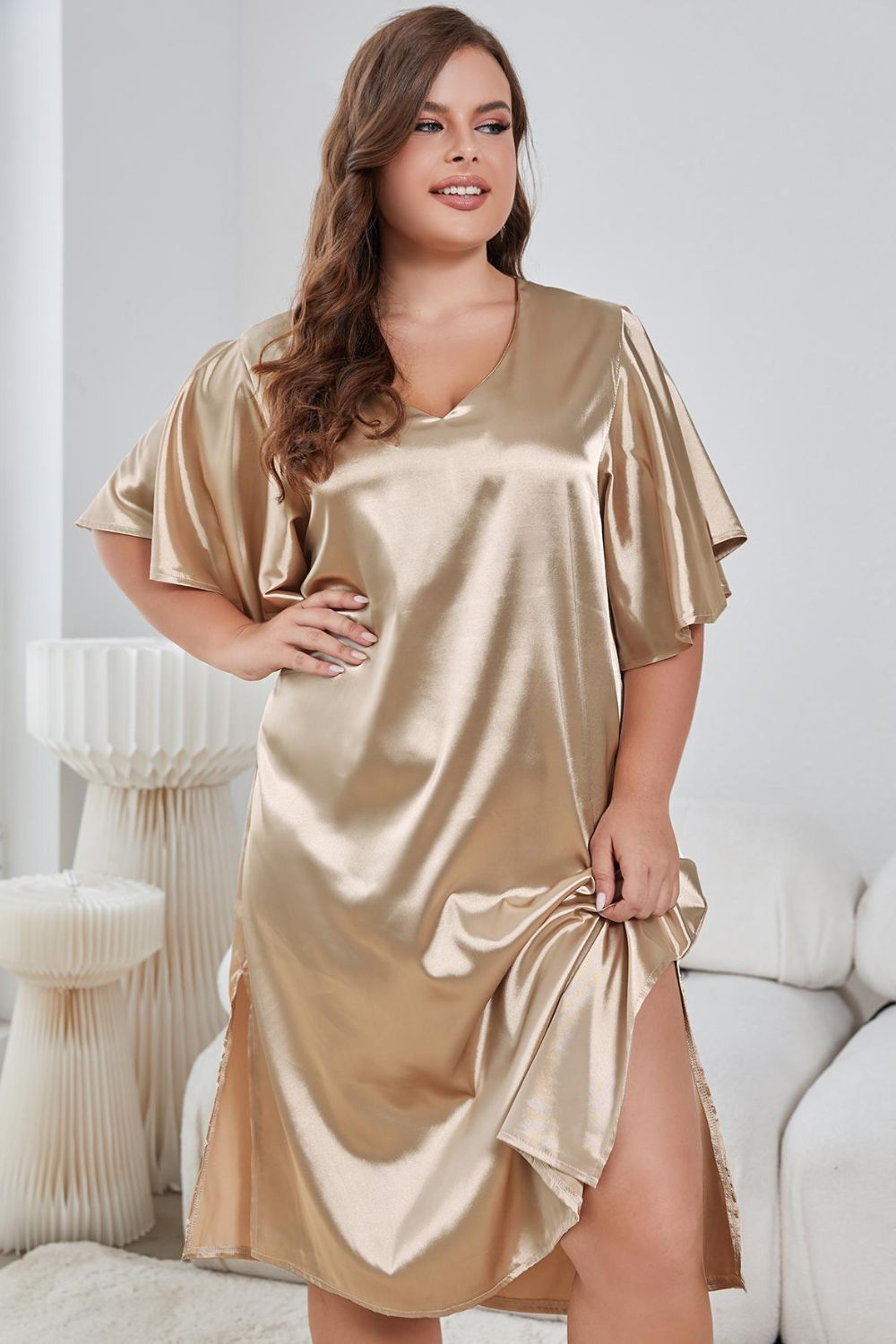 Emmie Size Inclusive  Flutter Sleeve V-Neck Side Slit Night Gown - ThingsWeUseAndLove Golden-4XL