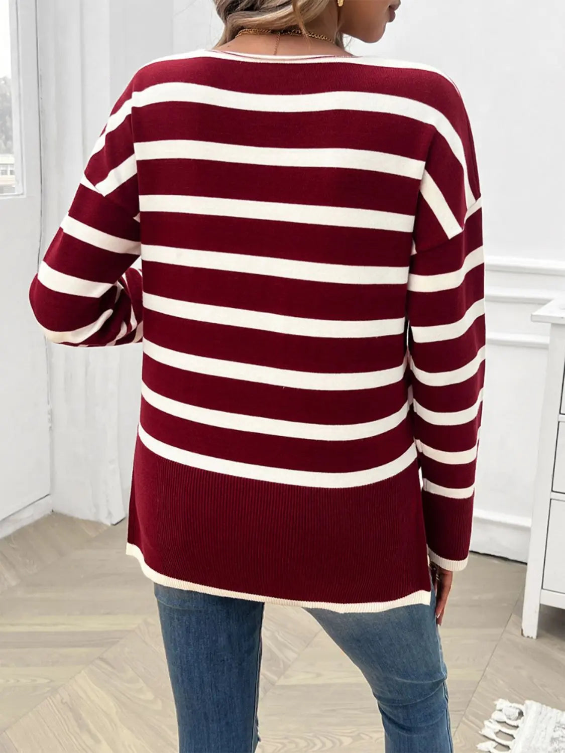 Striped V-Neck Long Sleeve Knit Top - ThingsWeUseAndLove 