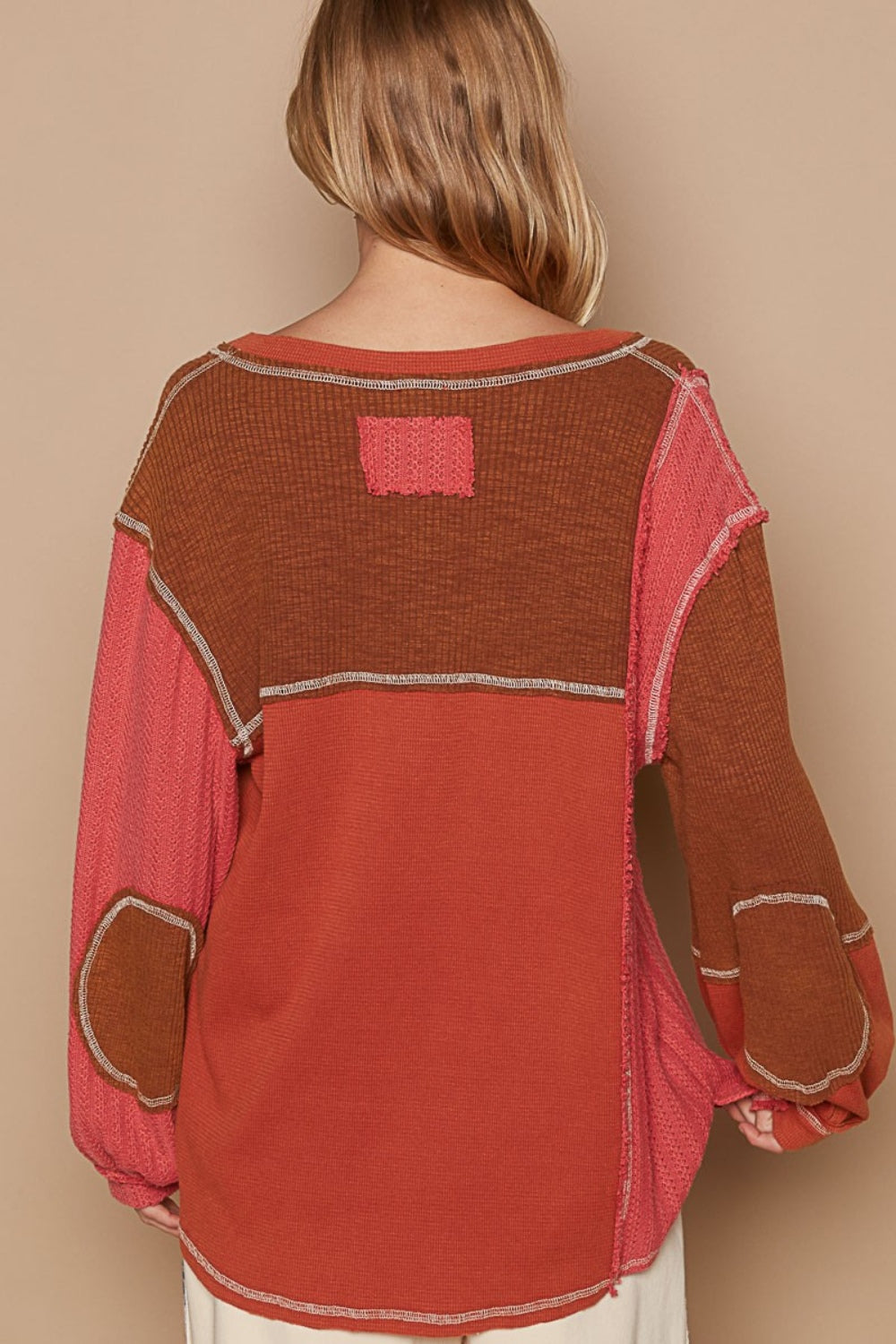 V-Neck Knit Panel Exposed Seam Top - ThingsWeUseAndLove 