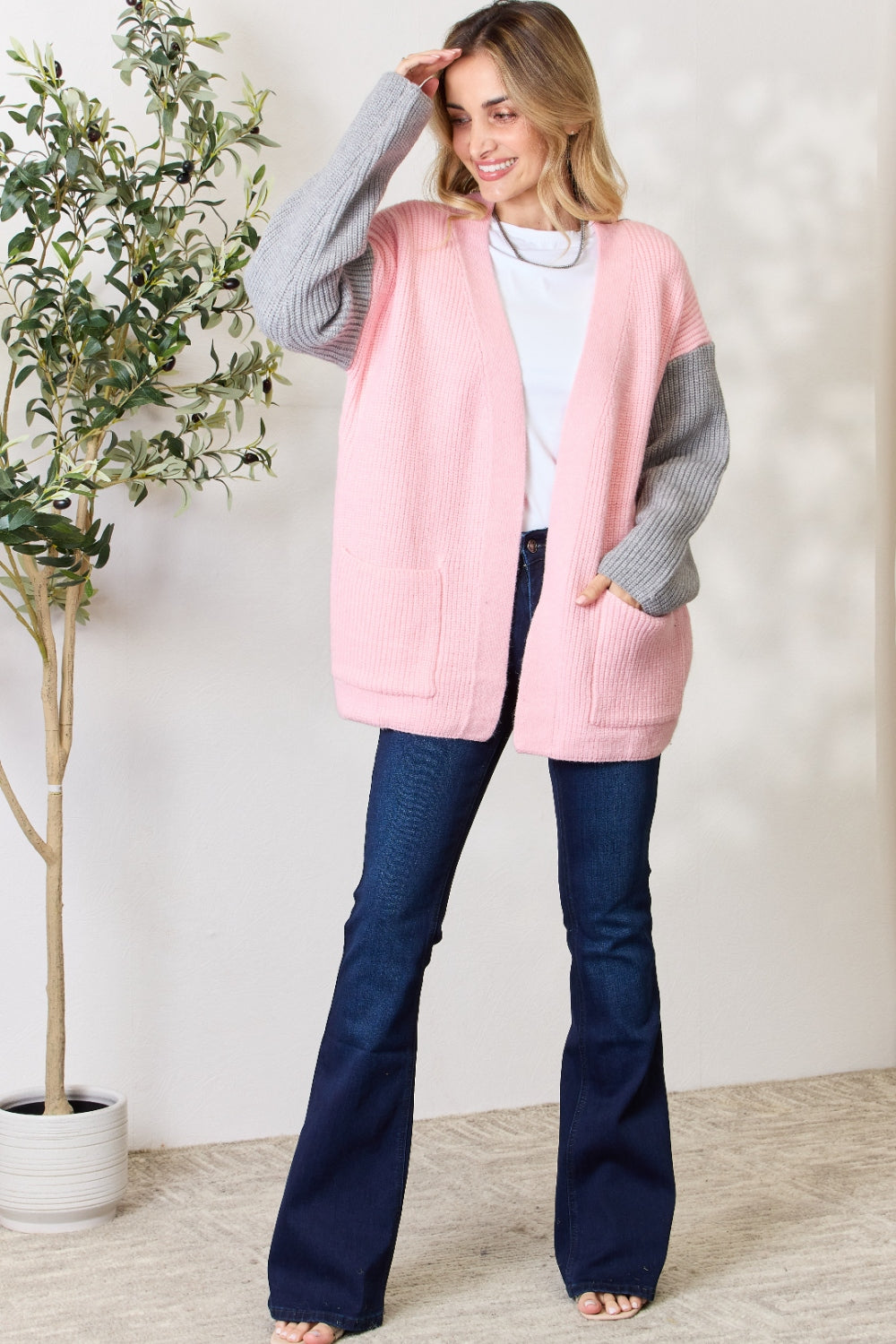 Grey/Blush Open Front Cardigan with Pockets - ThingsWeUseAndLove