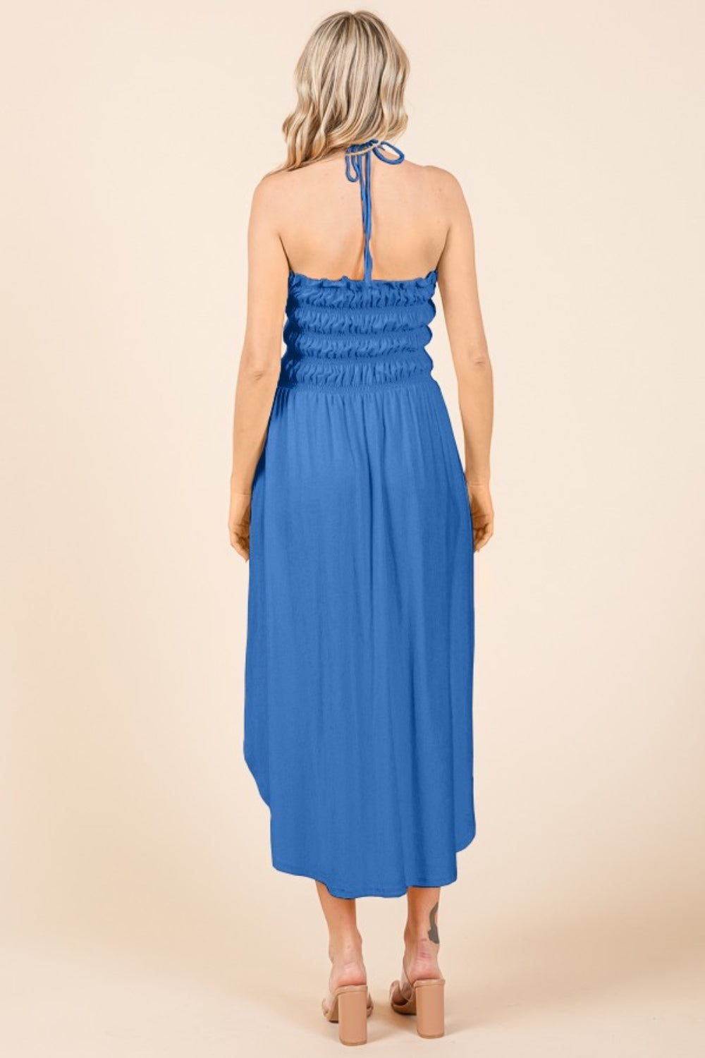 Tie Back Blue Shirring Dress with Pockets - ThingsWeUseAndLove 