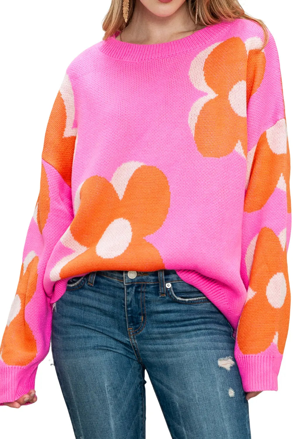 Pink & Orange 60s Floral Cable Knitted Sweater - ThingsWeUseAndLove 