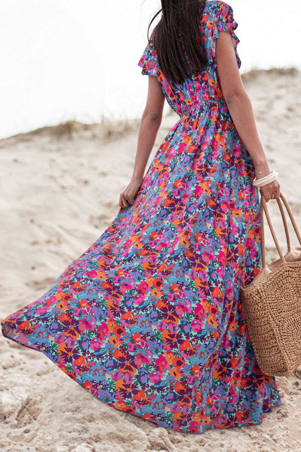 Blue Boho Floral Print V Neck Wrap Split Maxi Dress - ThingsWeUseAndLove 