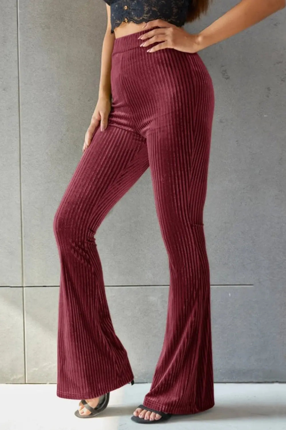 Poppy Ribbed High Waist Flare Pants - ThingsWeUseAndLove Burgundy-XL