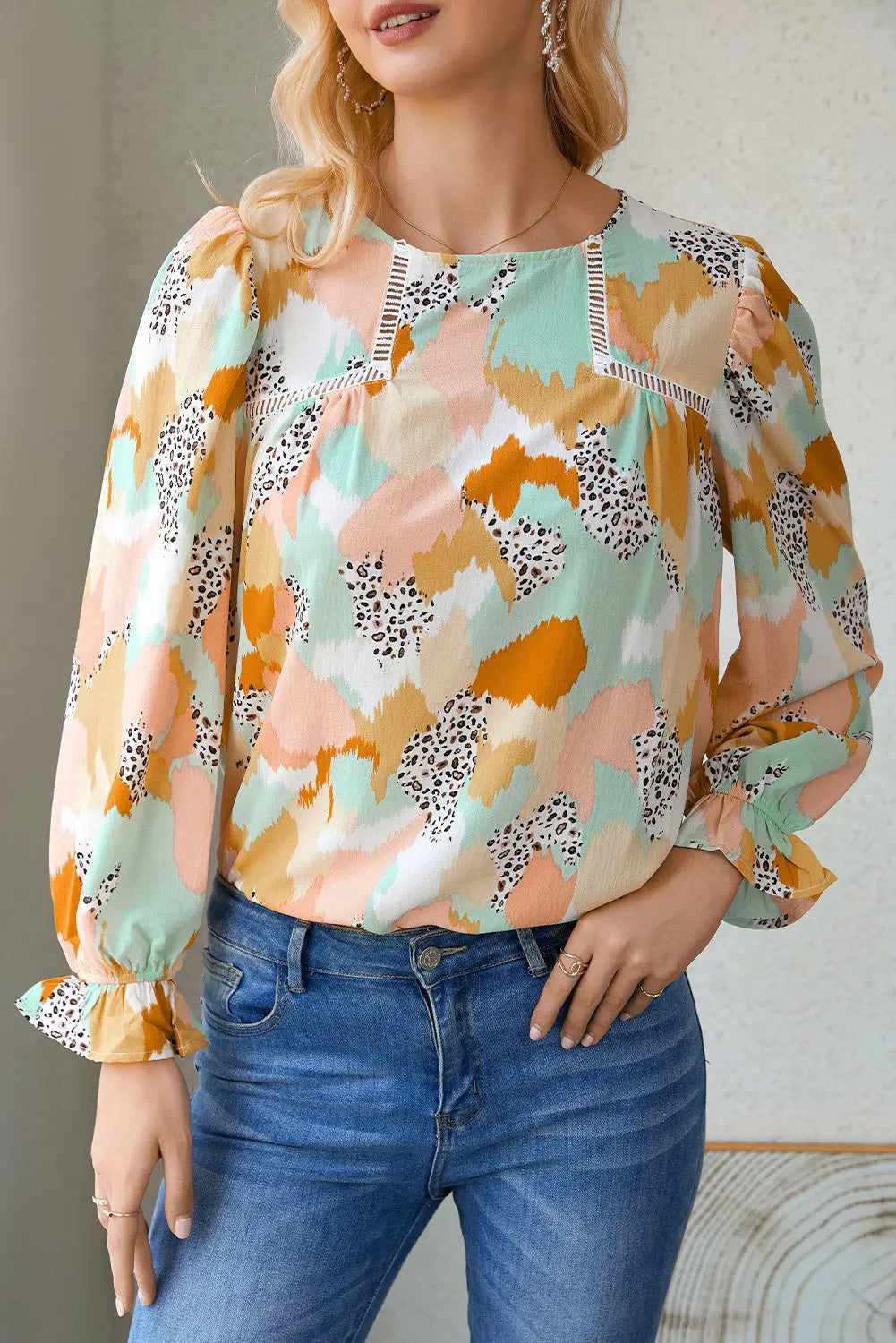 Boho Frill Multicolor Abstract Print Long Sleeve Blouse - ThingsWeUseAndLove 