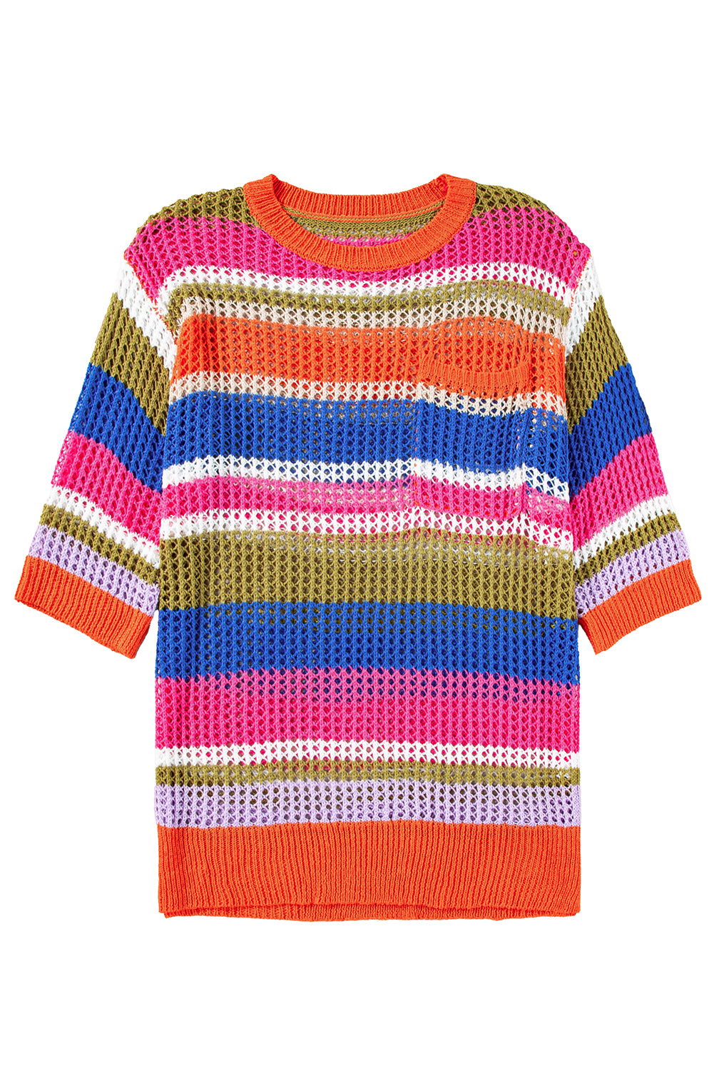 Striped Color Block Hollow Crochet 3/4 Sleeve T Shirt - ThingsWeUseAndLove 