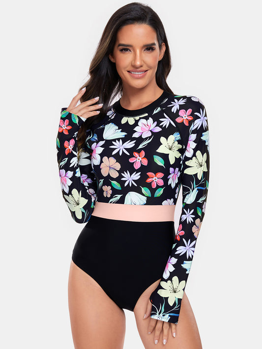 Flower Round Neck Long Sleeve One-Piece Swimwear - ThingsWeUseAndLove Black-2XL