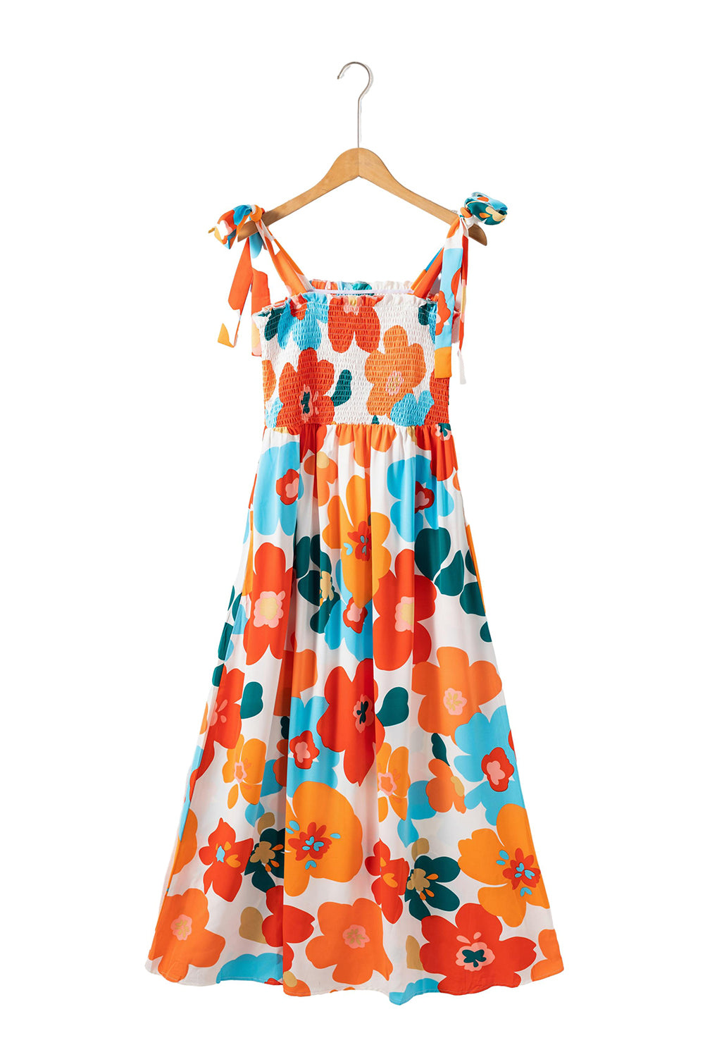 Orange 60s Floral Printed Shoulder Tie Smocked Maxi Dress - ThingsWeUseAndLove 