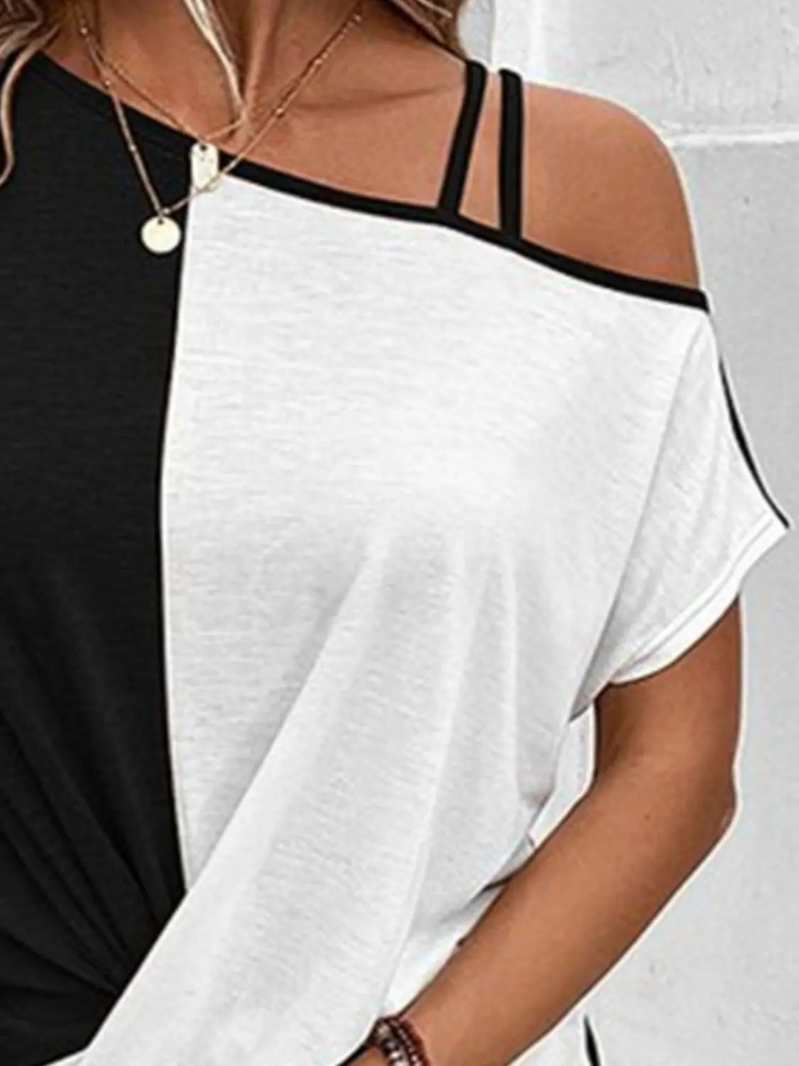 Colleen Contrast Asymmetrical Neck Short Sleeve T-Shirt - ThingsWeUseAndLove 