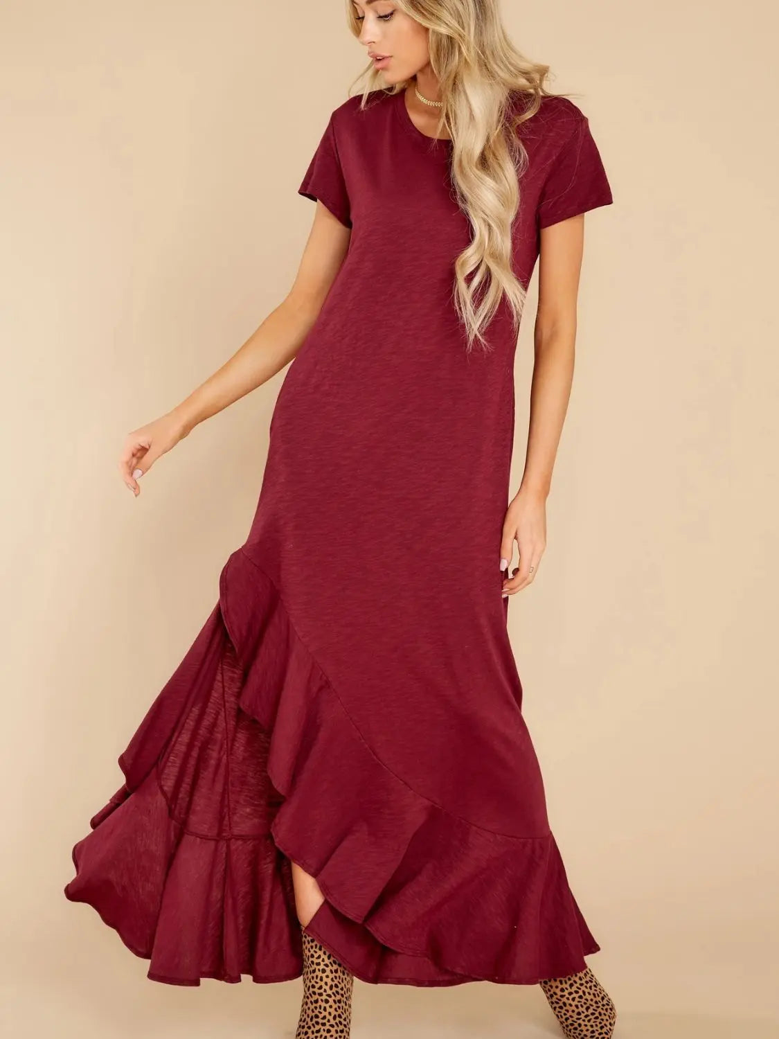 Short Sleeve Slit Round Neck Maxi Dress - ThingsWeUseAndLove Burgundy-XL