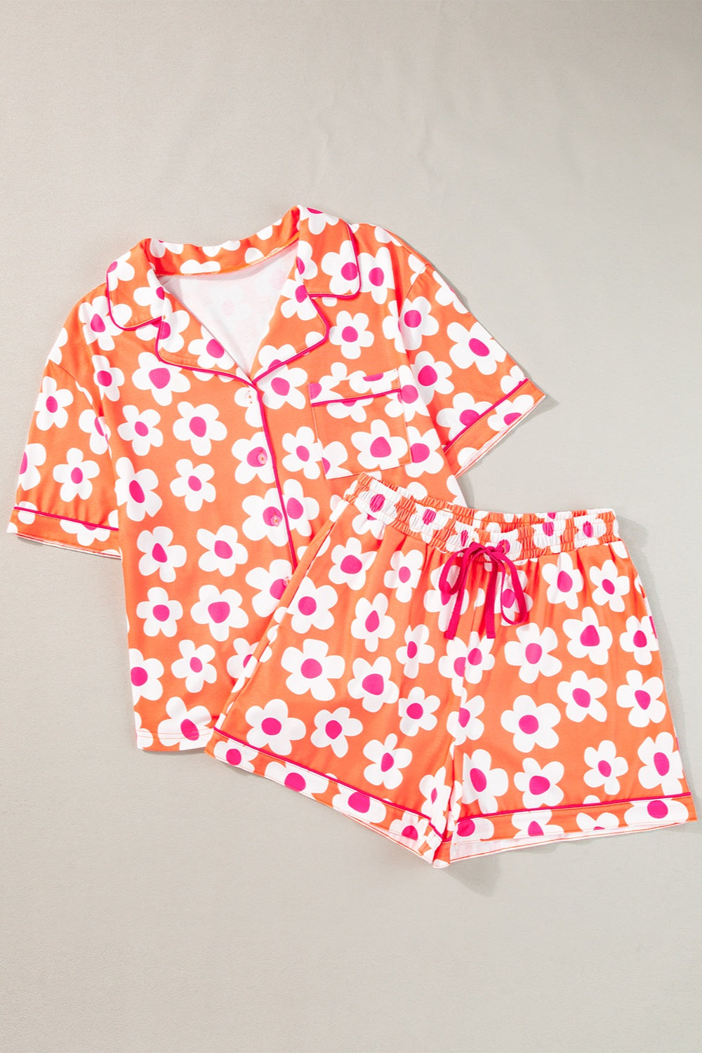 Pocketed Flower Half Sleeve Top and Shorts Lounge Set - ThingsWeUseAndLove Orange-XL