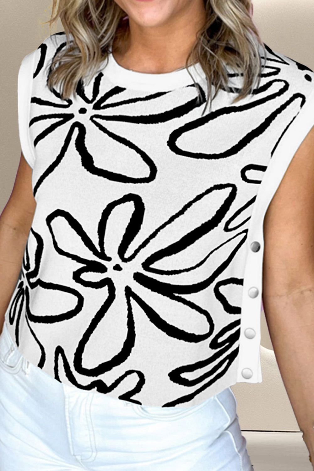 Graphic Flower Round Neck Sweater Vest - ThingsWeUseAndLove 