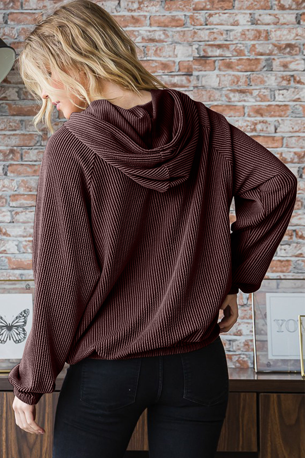 Gaea  Ribbed Long Sleeve Hoodie with Kangaroo Pocket - ThingsWeUseAndLove 