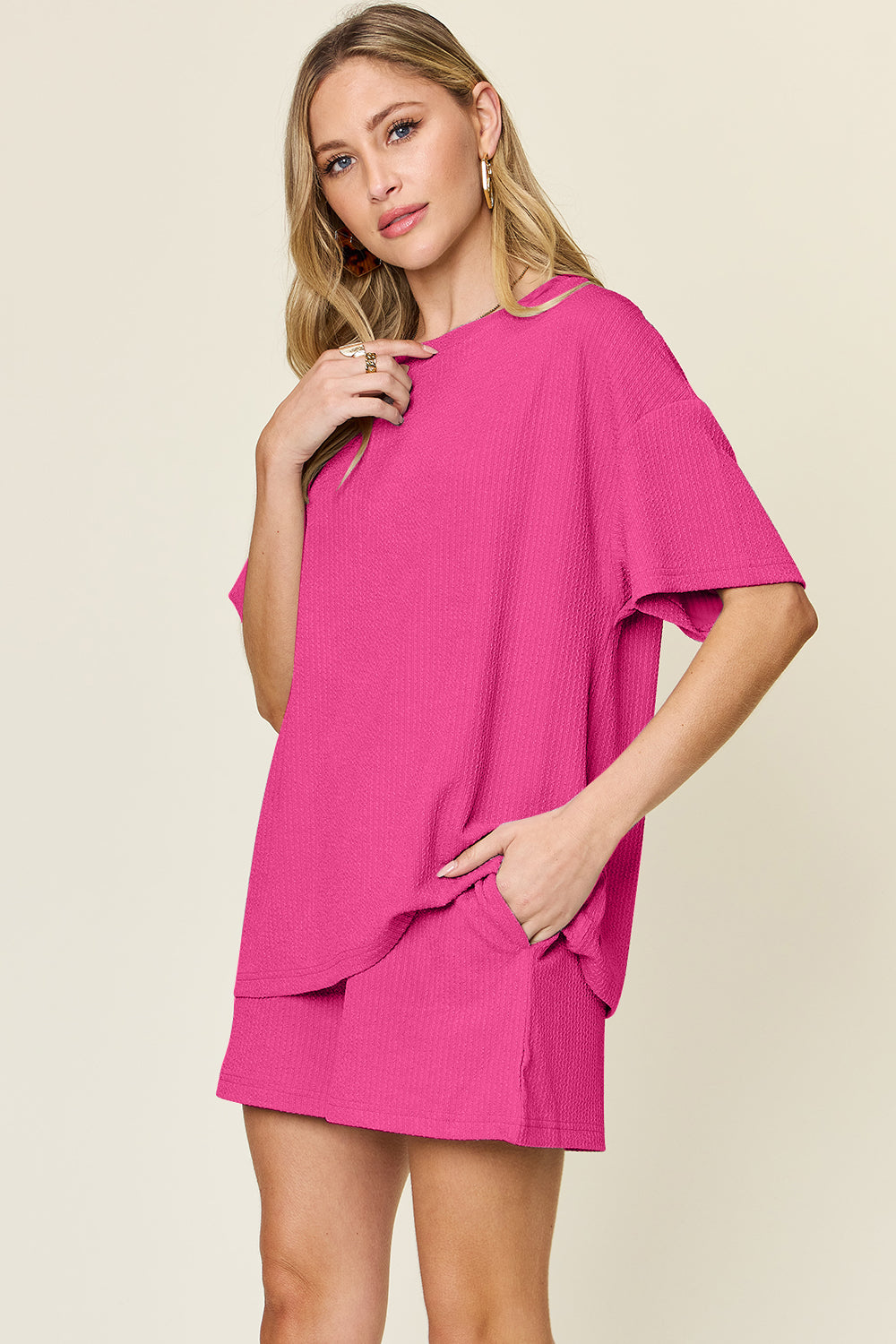 Double Take Full Size Round Neck Short Sleeve T-Shirt and Shorts Set - ThingsWeUseAndLove 