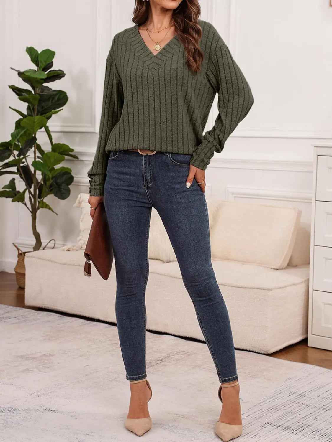 Ribbed V-Neck Long Sleeve T-Shirt - ThingsWeUseAndLove 