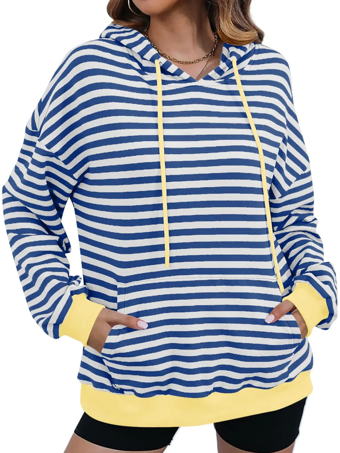 Drawstring Striped Long Sleeve Hoodie - ThingsWeUseAndLove 