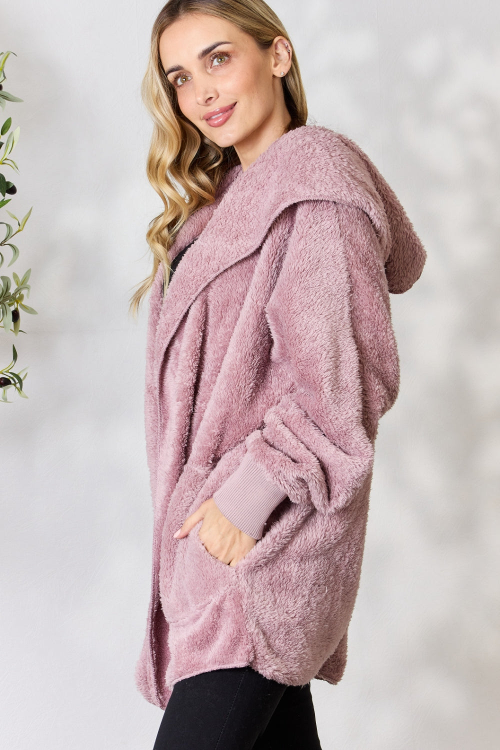 Faux Fur Open Front Hooded Jacket - ThingsWeUseAndLove