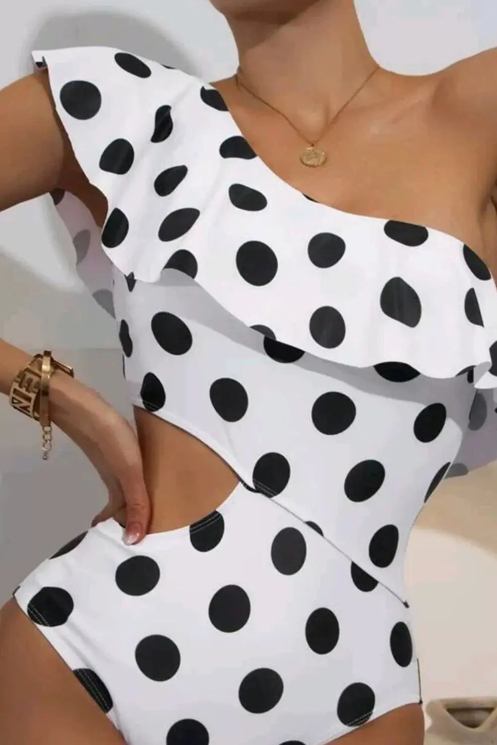 One Piece White Polka Dot Ruffled One Shoulder Swimwear - ThingsWeUseAndLove 