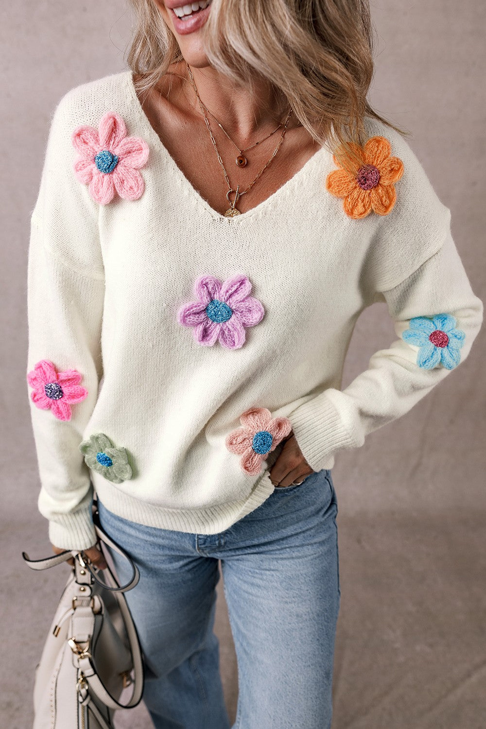 Noomi Crochet Flower V-Neck Long Sleeve Sweater - ThingsWeUseAndLove 