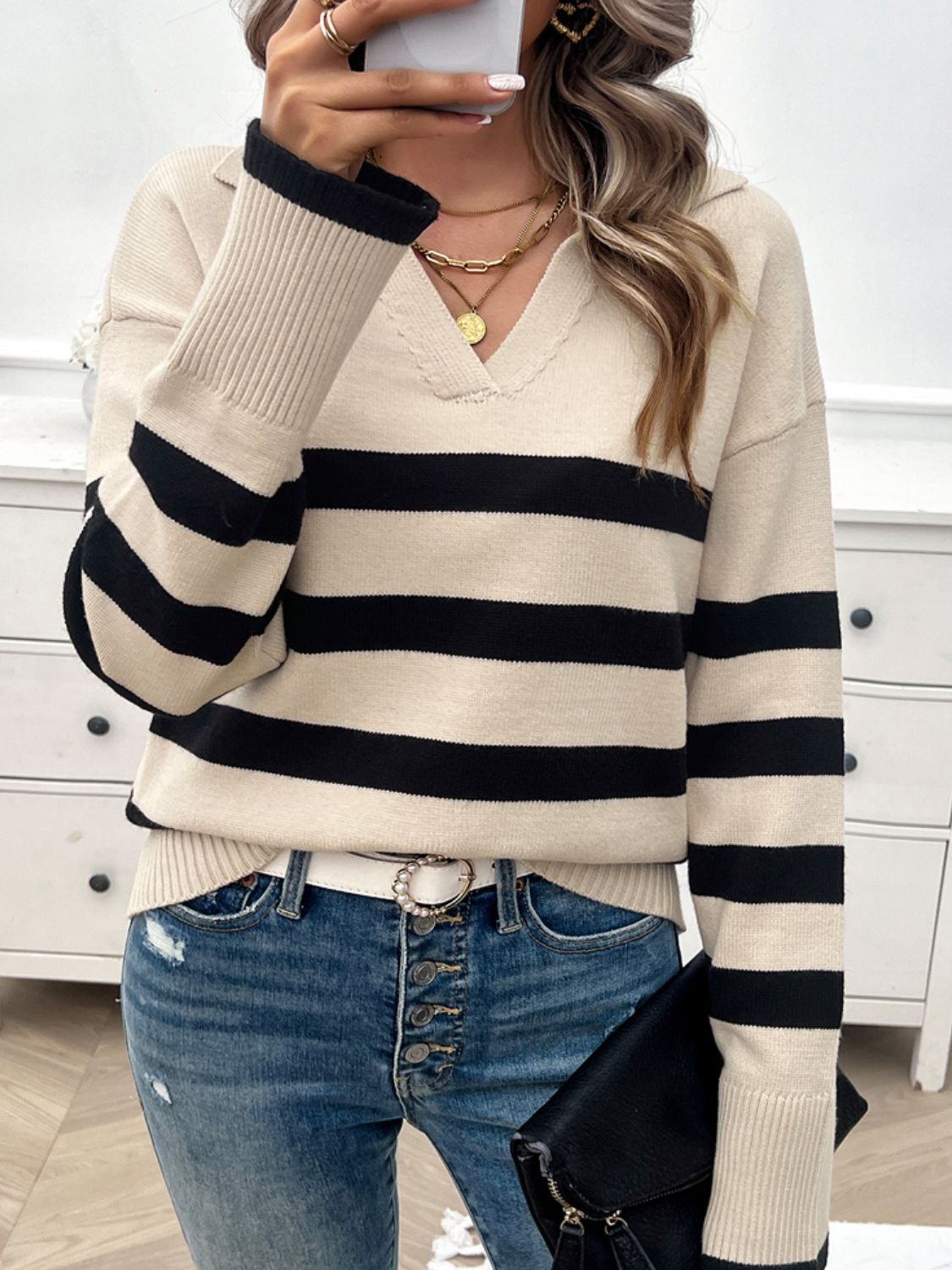 Paityn Collared Neck Long Sleeve Striped Sweater - ThingsWeUseAndLove 