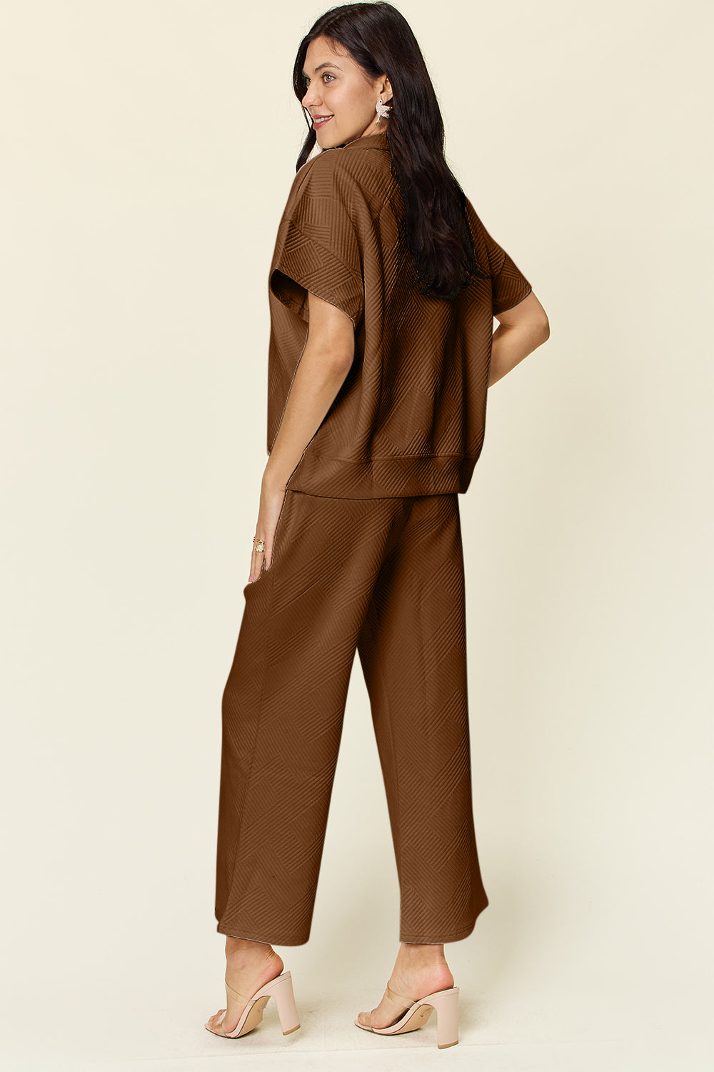 Texture Half Zip Short Sleeve Top and Pants Set - ThingsWeUseAndLove 