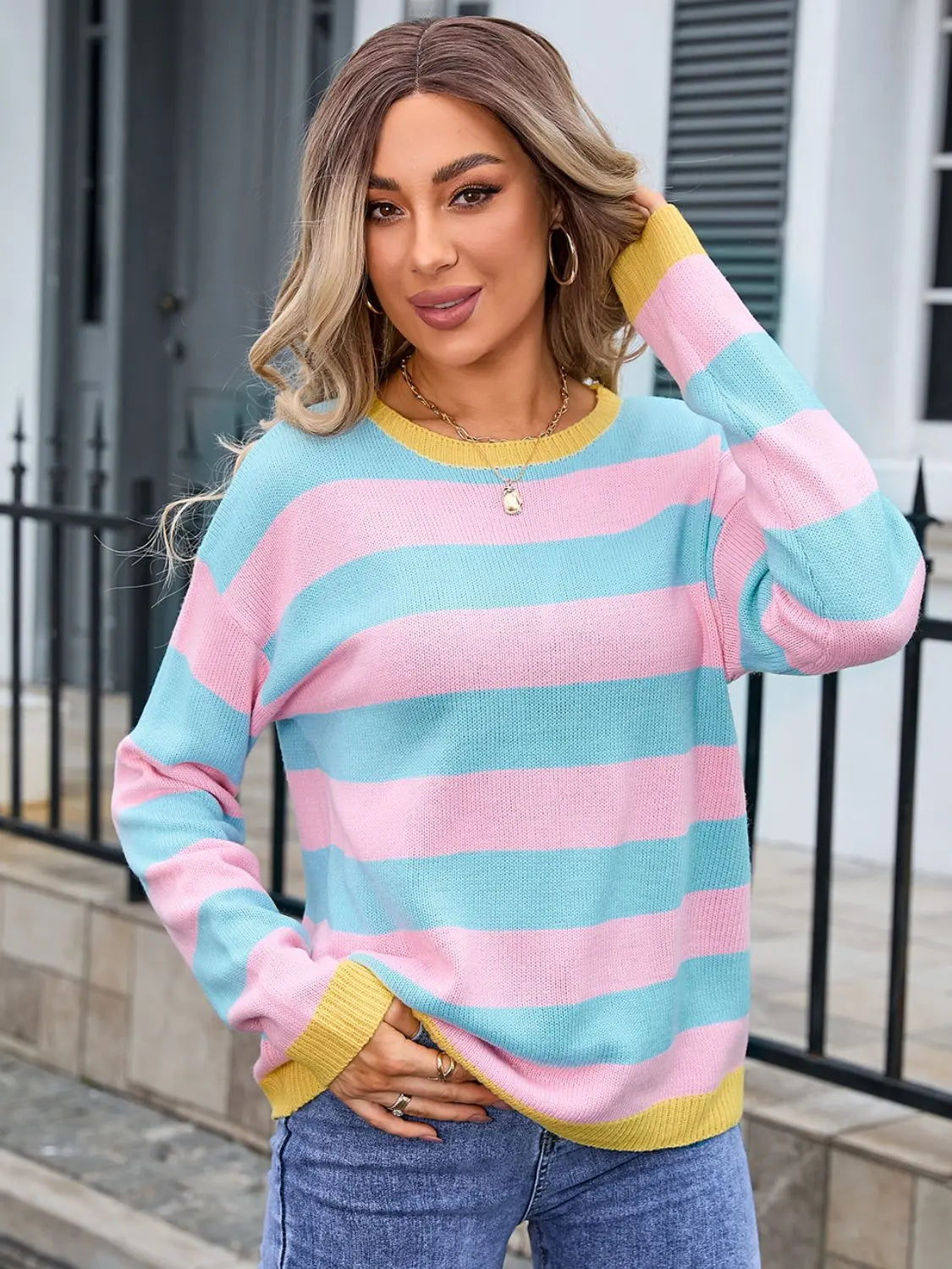 Dropped Shoulder Striped Round Neck Sweater - ThingsWeUseAndLove Blush-Pink-XL