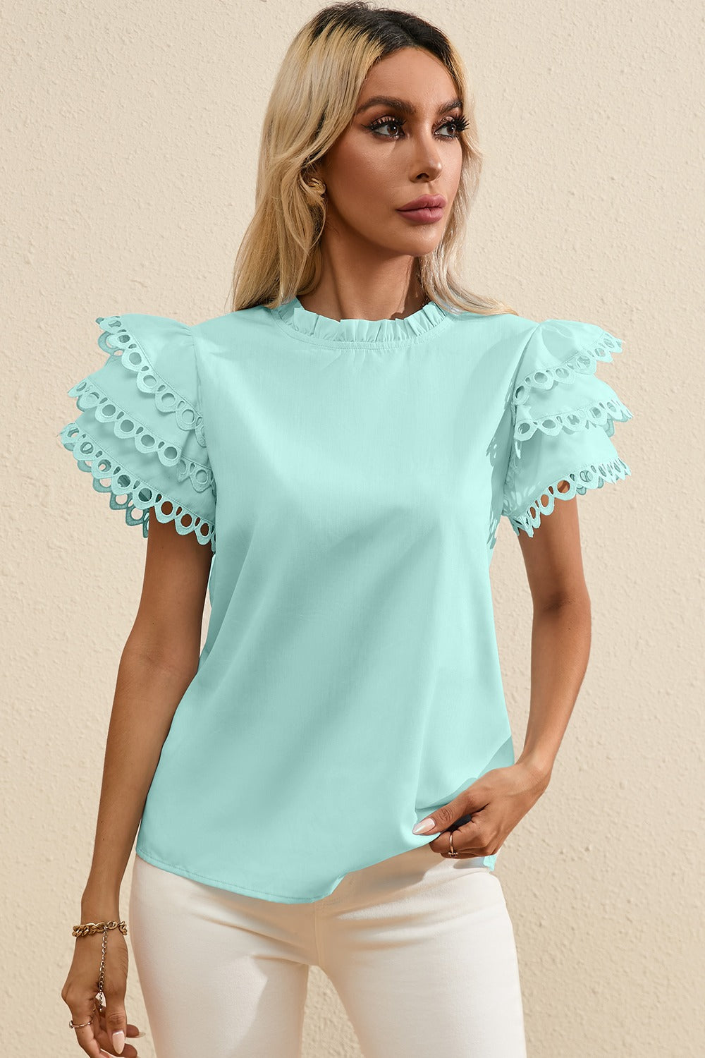 Ruffled Eyelet Round Neck Cap Sleeve Blouse - ThingsWeUseAndLove Tiffany-Blue-XL