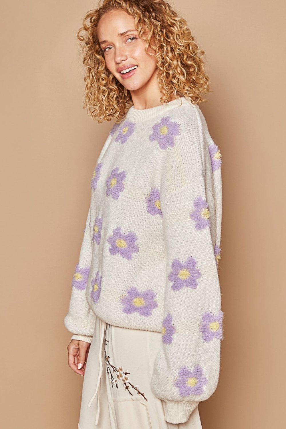 Daisy Pattern Drop Shoulder Sweater - ThingsWeUseAndLove 