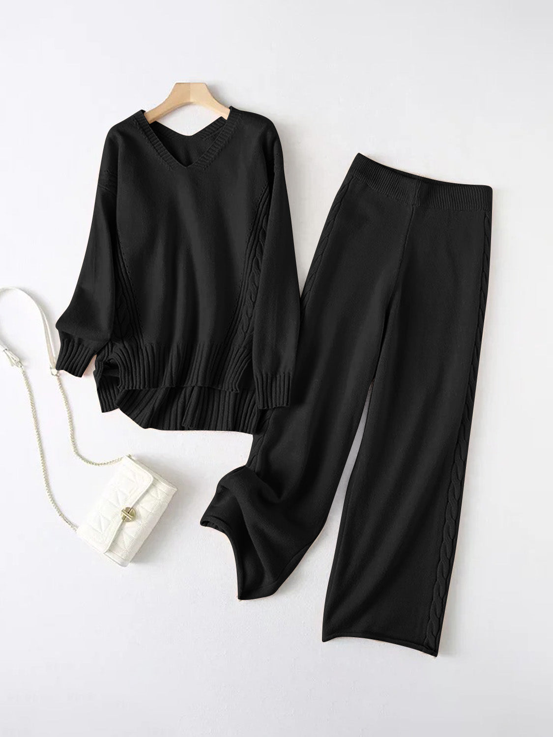 V-Neck Long Sleeve Top and Pants Sweater Set