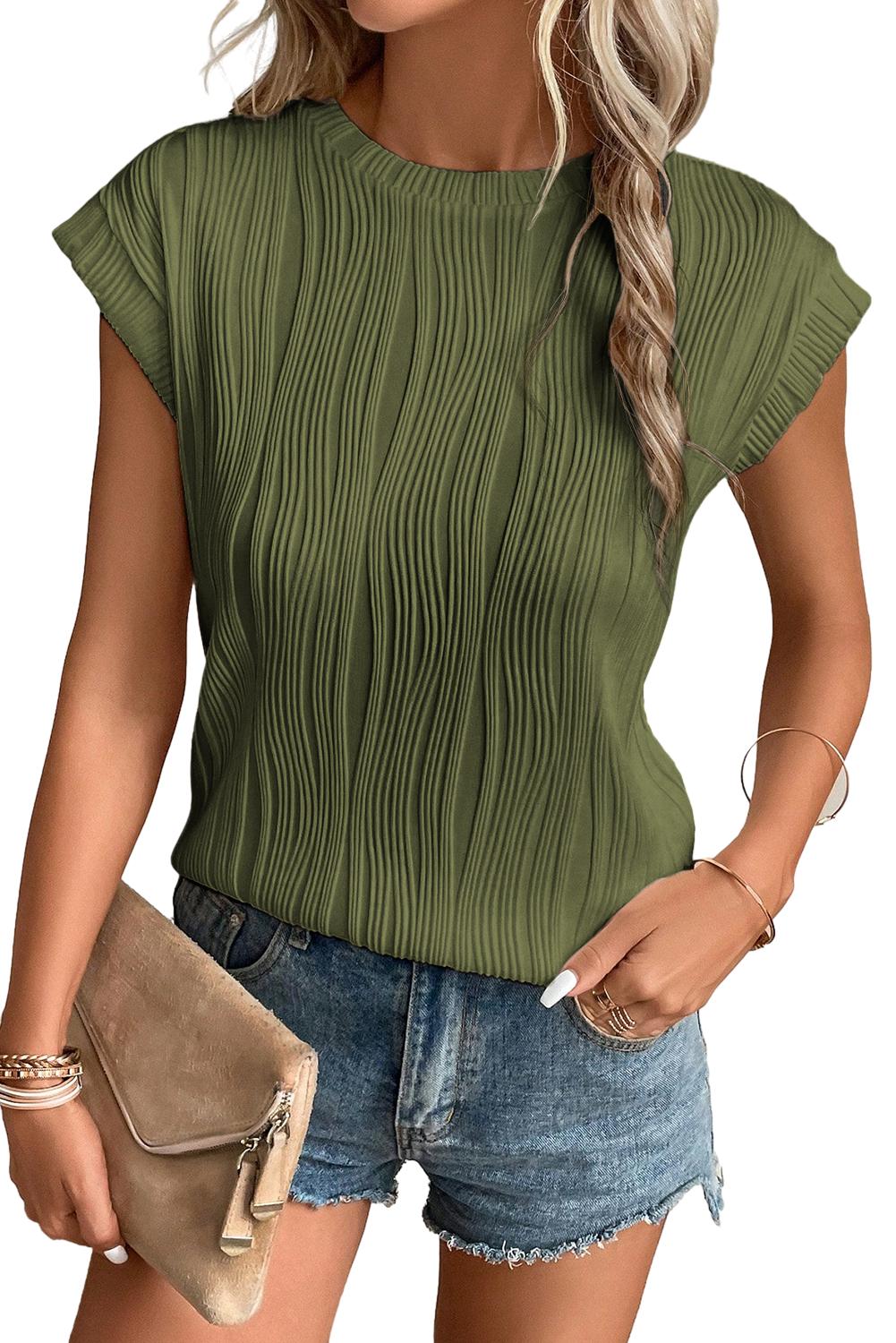 Wavy Textured Cap Sleeve Top - ThingsWeUseAndLove 