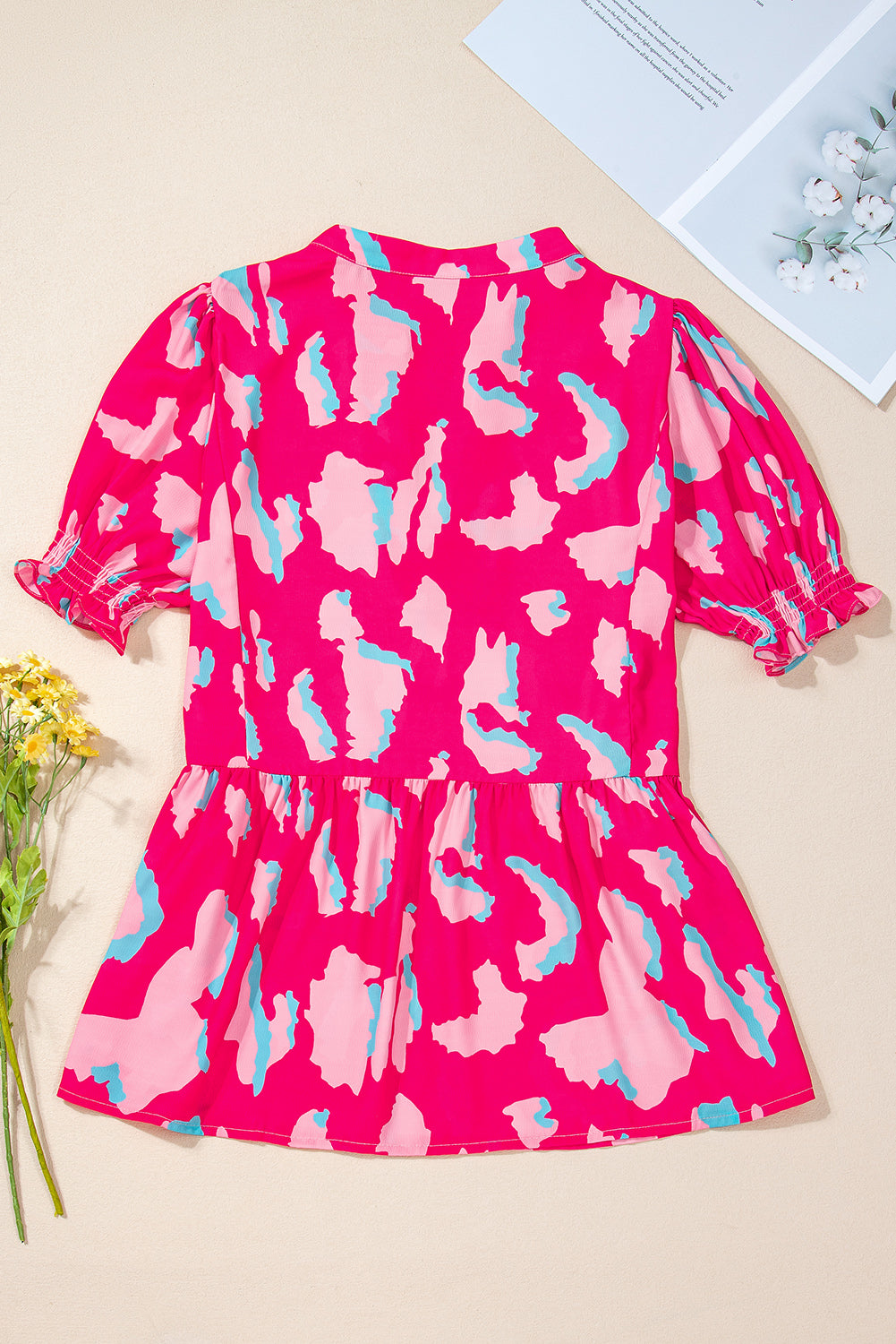 Rose Abstract Print Smocked Puff Sleeve V Neck Blouse - ThingsWeUseAndLove 